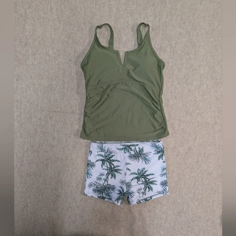 NEW Tween & Teens Tankini Swim Olive Green & Palm Tree Shorts Girl's 14-16 Set